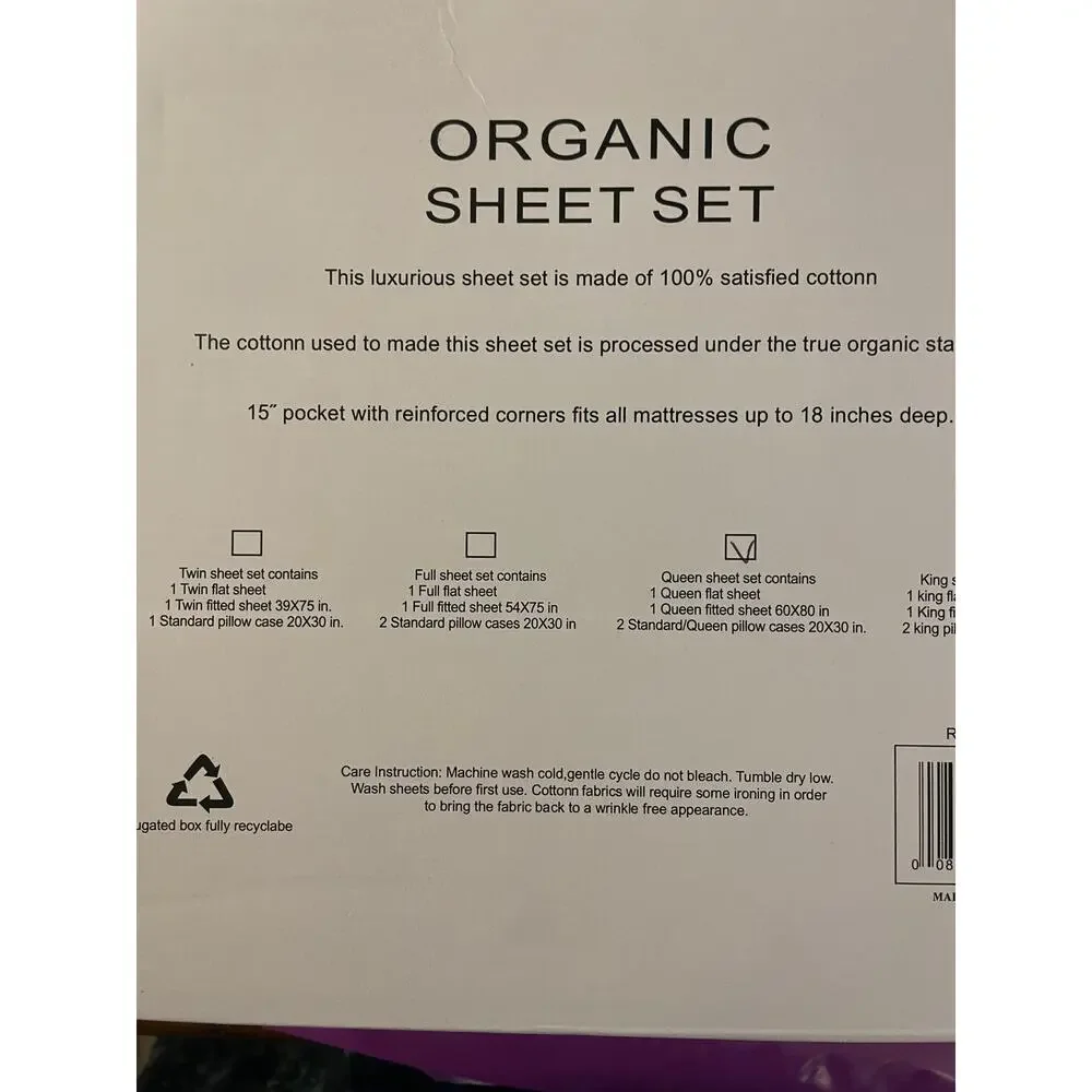 Tree Organic Cotton Queen Sheet Set White New in Box